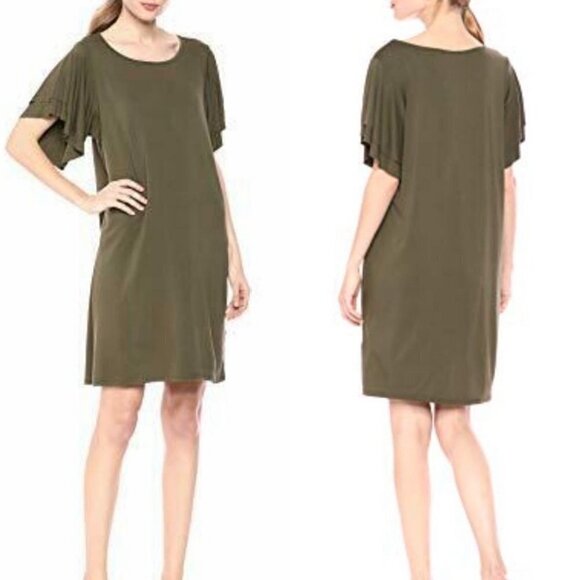 Lucky Brand Womens Olive Green NWT Flutter Short Sleeve Knee Shirt Dress Medium - Picture 1 of 8